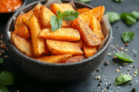Golden-brown potato wedges, perfectly seasoned and served in a rustic bowl, surrounded by fresh herbs and spices. ideal for healthy snacking or as a side dish. the vibrant colors and textures enhance their appetizing appeal. Generative AIの素材