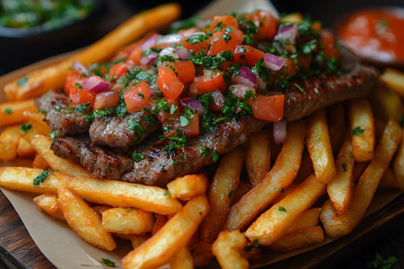 Grilled steak topped with diced tomato salsa and herbs sits on a bed of crispy, golden fries. a vibrant and appetizing meal ideal for themes of gourmet dining, restaurant menus, and food photography. Generative AIの素材