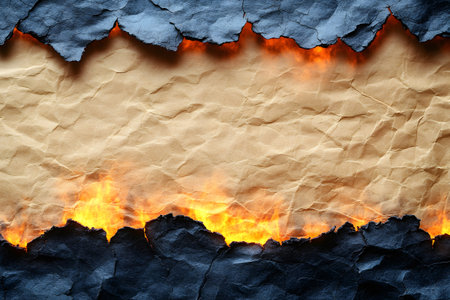 Dramatic burnt paper texture with charred edges and bright flames, showcasing contrast between destruction and creativity. ideal for design projects needing a unique, fiery touch or a symbolic representation of renewal. Generative AIの素材