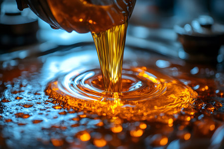 A mesmerizing stream of golden liquid pours onto a smooth surface, creating ripples and reflections. the warm tones and fluid dynamics are ideal for concepts related to industry, energy, or fluid mechanics. Generative AIの素材