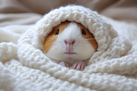 Guinea pig snugly wrapped in a knitted blanket, themes of warmth, comfort, and cuteness. perfect for pet lovers and winter-themed designs, conveying a sense of coziness and tranquility. Generative AIの素材
