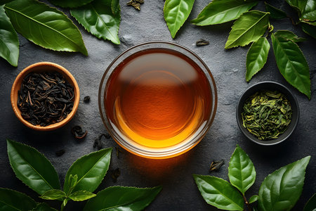 Green tea in a glass bowl surrounded by loose tea leaves and fresh green leaves on a slate surface. the arrangement emphasizes natural ingredients and the calming aesthetic of herbal teas. Generative AIの素材