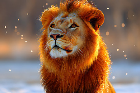 A majestic lion with a vibrant golden mane peers into the distance, surrounded by sparkling dust in a sunlit wilderness. the tranquil setting and the lion's penetrating gaze evoke strength, beauty, and the essence of the wild. Generative AIの素材