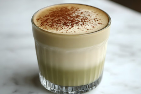A visually appealing matcha latte in a clear glass, showcasing creamy layers topped with cocoa powder. ideal for cafes, culinary blogs, and menu designs, the artistry and allure of gourmet beverages. Generative AIの素材