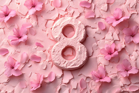 Decorative number eight crafted from textured pink material surrounded by scattered cherry blossom petals on a cracked pink surface. ideal for women's day celebrations, spring decor, or festive design projects. Generative AIの素材
