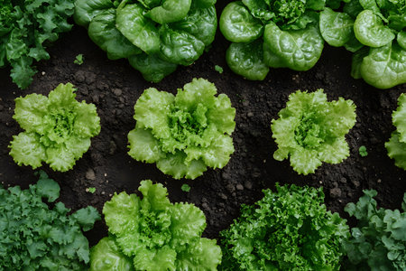 Various types of organic lettuce grow in a neatly arranged garden bed, showcasing a vibrant green array against rich, dark soil. the fresh leaves emphasize healthy eating and sustainable gardening practices. Generative AIの素材