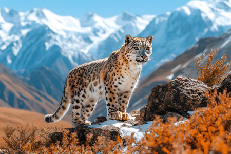 Snow leopard stands elegantly on a rocky terrain against a backdrop of snow-capped mountains. its striking fur and piercing eyes highlight the species' majestic presence in its natural habitat, emphasizing wildlife conservation. Generative AIの素材