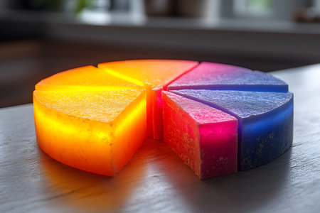 Vivid wax candle pieces arranged in a circular formation display a striking gradient of vibrant colors from yellow to blue. set on a rustic wooden table, this artistic arrangement enhances home decor with a touch of warmth and creativity. Generative AIの素材