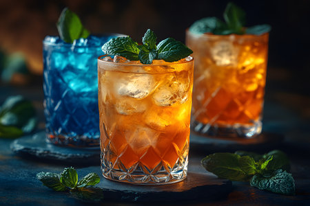 Vibrant iced cocktails in crystal glasses, each garnished with fresh mint leaves. the image showcases a mix of colors with blue and amber drinks, evoking a summer party atmosphere. perfect for beverage photography, mixology blogs, or event promotions. Generative AIの素材