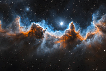 Brilliant interstellar clouds form a dynamic cosmic scene, showcasing vibrant blue and orange hues against a starry backdrop. the image highlights the grandeur of space, ideal for astronomy enthusiasts and artistic interpretations of outer space. Generative AIの素材