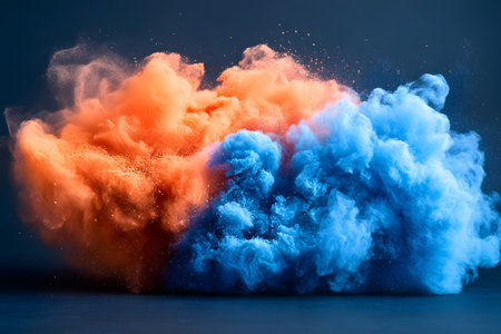 Explosive clouds of orange and blue powder collide against a dark background, creating a dynamic and vibrant visual effect. the contrast between the bright colors highlights motion and energy, suitable for artistic or promotional use. Generative AIの素材