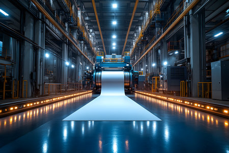 A state-of-the-art industrial printing press operates in a spacious, well-lit factory setting. the machine processes large rolls of white paper, showcasing advanced technology optimized for high-volume production in a streamlined facility. Generative AIの素材