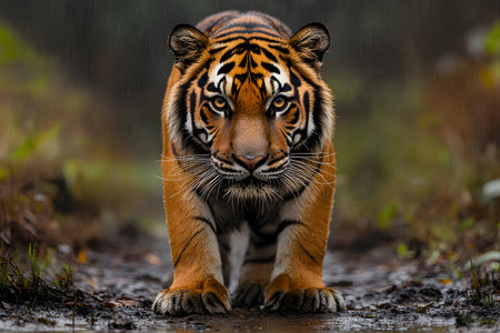 A striking bengal tiger prowls through a misty rainforest. the detailed fur pattern and intense gaze capture the wild essence and power of this endangered species, emphasizing the need for conservation. Generative AIの素材