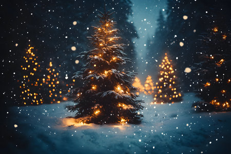 Snow-covered christmas trees adorned with golden lights create a magical winter wonderland at dusk. falling snow adds a touch of enchantment and warmth, making it ideal for holiday-themed designs and greeting card imagery. Generative AIの素材