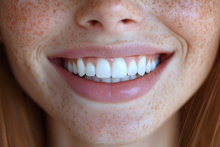 A close-up image showcasing a youthful smile with straight, white teeth and natural freckles. the focus is on dental health, happiness, and the fresh beauty of an authentic smile, illustrating positive emotions and self-confidence. Generative AIの素材