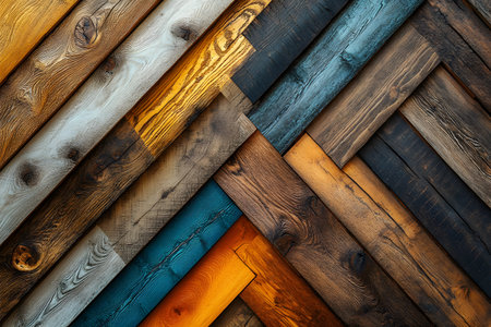 Close-up of overlapping wooden planks arranged in a diagonal pattern, showcasing a variety of rich textures and colors. the combination of wood grains and hues provides a warm, rustic aesthetic ideal for design and decorative projects. Generative AIの素材