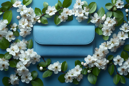 A sophisticated blue wallet is artistically placed amidst delicate white blossoms, set against a light blue background. this stylish composition evokes a fresh and elegant spring mood, perfect for fashion and seasonal themes. Generative AIの素材