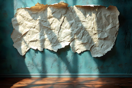 Vintage crumpled paper showcased against a teal textured wall, illuminated by soft sunlight casting intricate shadows. ideal for creative design projects, background elements, or artistic inspiration in various media. Generative AIの素材