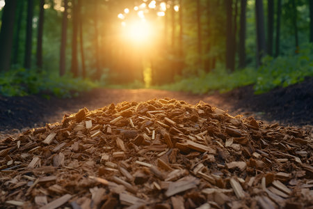 Warm sunlight filters through a dense forest, a pile of wood chips on a tranquil path. the scene serene beauty of nature, with lush greenery framing the pathway and creating a peaceful ambiance. Generative AIの素材