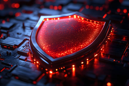 A stylized metallic shield radiates a red glow, symbolizing cutting-edge cybersecurity measures. set against a digital circuit-like background, it emphasizes protection and technological innovation in the online realm. Generative AIの素材