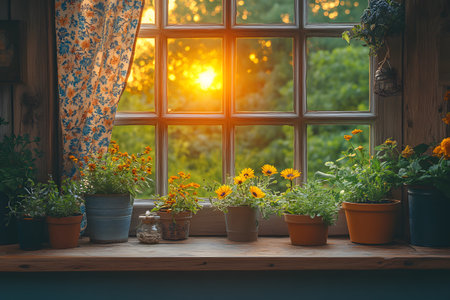 Sunlight pours through a rustic window adorned with blue floral curtains, illuminating an array of potted flowers on the wooden sill. the warm, golden hues blend with the vibrant greens, creating a serene and inviting atmosphere. Generative AIの素材