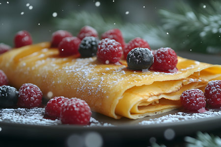Fluffy crepes topped with fresh raspberries and blueberries, elegantly dusted with powdered sugar. perfect for festive occasions, this appealing dessert essence of holiday indulgence and culinary artistry. Generative AIの素材