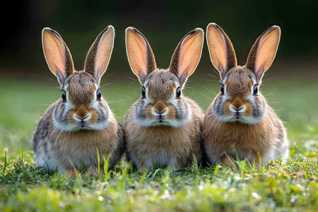 Three adorable rabbits sit closely on lush green grass in a serene outdoor setting, their large ears perked attentively. this vibrant image essence of nature, wildlife curiosity, and the innocence of springtime. Generative AIの素材