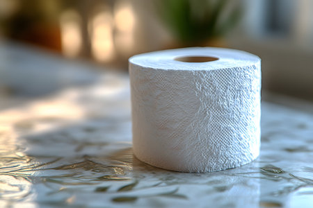 A realistic depiction of a single roll of toilet paper placed on a decorative table surface. the soft texture and intricate patterns of the paper are highlighted by natural lighting, emphasizing its everyday utility and essential nature. Generative AIの素材