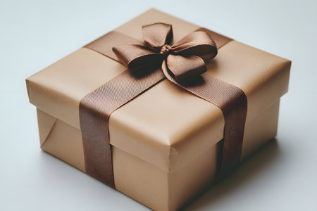 A luxurious, square gift box wrapped in smooth, beige paper, adorned with a rich brown satin ribbon tied into a perfect bow. ideal for birthdays, anniversaries, or any special event, embodying elegance and sophistication. Generative AIの素材