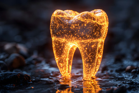 A mesmerizing depiction of a tooth composed entirely of glowing sparks and light, set against a dark backdrop. this innovative representation is perfect for themes in dental technology, care, and futuristic health designs. Generative AIの素材