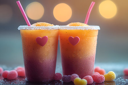 Dual-colored slushies in plastic cups adorned with heart-shaped decorations and pink straws, set against a softly blurred background with bokeh lights. bright gummy candies surround the vibrant beverages, adding a playful touch. Generative AIの素材