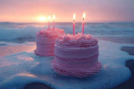 Two pink frosted birthday cakes adorned with lit candles sit on a sandy beach against a vibrant sunset backdrop. the ocean waves gently approach, creating a harmonious blend of celebration and nature. Generative AIの素材