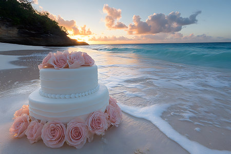 A two-tiered wedding cake adorned with elegant pink roses rests on a sandy beach as waves gently lap at the shore. the serene sunset in the background casts a warm glow, creating a romantic and idyllic setting for a beach wedding celebration. Generative AIの素材