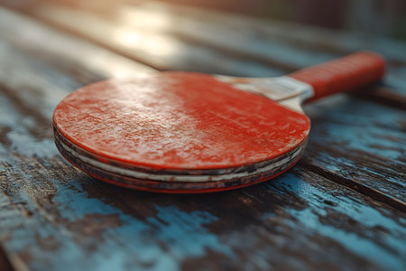 Close-up of a well-used table tennis paddle resting on a rustic, weathered wooden table, capturing the essence of sport and leisure with a vintage aesthetic. the warm sunlight adds a nostalgic feel to the scene. Generative AIの素材