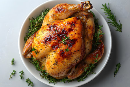 Deliciously browned whole roasted chicken garnished with fresh rosemary, presented on a white plate. perfect for holiday gatherings, family meals, or culinary presentations, a savory and aromatic dish. Generative AIの素材