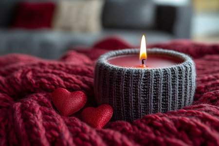 Red heart-shaped candles lie on a soft knitted blanket, exuding warmth and charm for a romantic valentine's day scene. the candlelight enhances the cozy atmosphere, perfect for intimate celebrations. Generative AIの素材