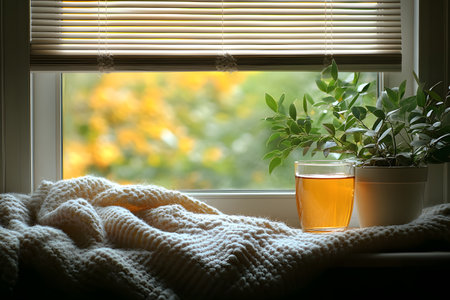 A soft, knitted blanket gently drapes on a windowsill, coupled with a warm cup of tea. sunlight streams through blinds, vibrant autumn leaves outside. nearby, a lush green plant adds freshness to the serene scene. Generative AIの素材