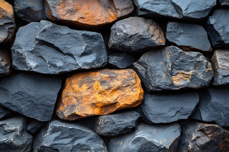 Close-up of a stone wall showcasing a mix of dark grey and rusty orange rocks. the texture and natural color variation add depth, perfect for backgrounds or rustic design themes in architecture and decor. Generative AIの素材