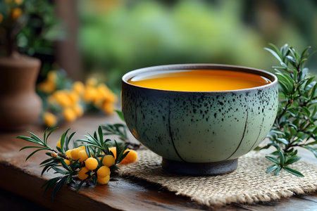 A ceramic bowl filled with herbal tea sits elegantly on a rustic table. accompanied by vibrant sea buckthorn berries and fresh rosemary sprigs, the natural decor enhances the calm, inviting atmosphere. Generative AIの素材