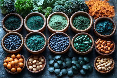 A vivid arrangement of superfood powders and supplements, showcasing bowls of colorful powders alongside capsules and tablets. surrounded by fresh greens, this scene highlights health and wellness themes. Generative AIの素材