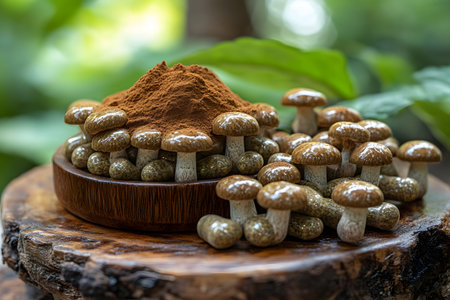 Organic mushrooms and powdered supplement display on a rustic log in a natural setting. the image highlights the use of mushrooms in health and wellness, emphasizing their potential as dietary supplements. Generative AIの素材