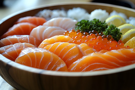 A beautifully arranged bowl of fresh salmon sashimi featuring vibrant slices, juicy ikura, and lemon wedges, garnished with parsley. the intricate presentation highlights the delicate texture and rich colors, perfect for food enthusiasts and japanese cuisine admirers. Generative AIの素材