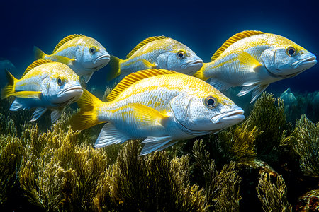 Vibrant yellow fish swim gracefully among lush coral reefs, showcasing the beauty and diversity of marine life in a tranquil underwater setting. the vibrant colors and natural harmony exemplify the wonder of ocean ecosystems. Generative AIの素材