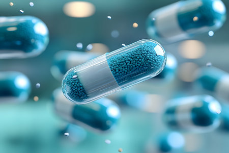 Blue capsules suspended in mid-air, symbolizing innovation in pharmaceuticals and medicine. the focus on the capsule design highlights drug development, healthcare advances, and futuristic medical solutions. Generative AIの素材