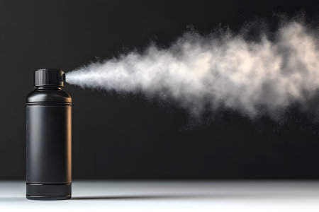 Black spray bottle releasing a stream of fine mist against a dark backdrop. the image highlights the simplicity and elegance of the product design, focusing on the texture and dispersion of the mist. Generative AIの素材