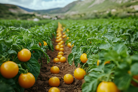 Rows of vibrant yellow tomatoes flourish in a lush green field, set against distant rolling hills. the ripe produce and fertile soil highlight the theme of organic farming, sustainable agriculture, and rural tranquility. Generative AIの素材