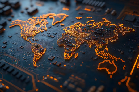 World map on a circuit board symbolizes technology and global connectivity. orange lights outline continents, reflecting innovation and digital networking across the globe, ideal for tech designs. Generative AIの素材