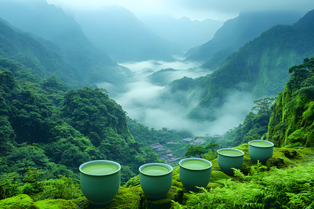 Mist-covered mountains form a tranquil valley backdrop, with lush greenery and uniquely arranged green pottery. the scene evokes serenity and connection with nature, bridging natural beauty with artistic elements. Generative AIの素材