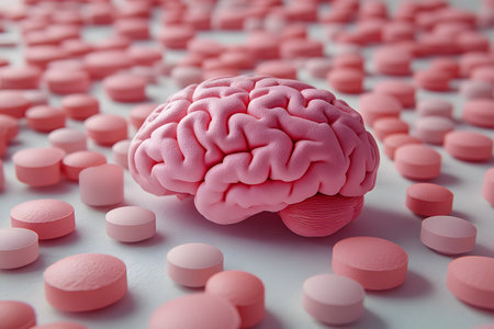 A surreal, conceptual image depicting a pink human brain surrounded by various pink pills. this visual metaphor highlights themes of neuroscience, mental health, and the impact of medication on cognitive functions. Generative AIの素材