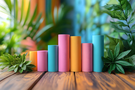 Vibrant cylindrical shapes of varying colors and heights are arranged on a wooden surface. surrounded by lush green plants, the composition offers a harmonious blend of geometric and natural elements, ideal for modern design themes. Generative AIの素材